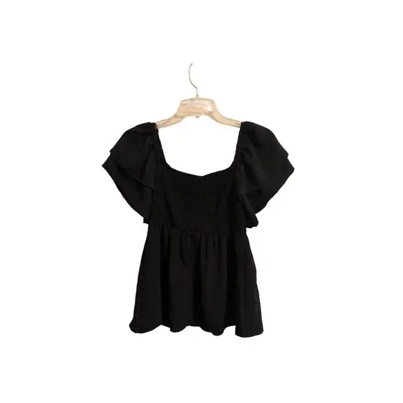 Square-Neck Flutter-Sleeve Peplum Babydoll Top (Size S) — Stretchy & Flirty - Picture 2 of 3